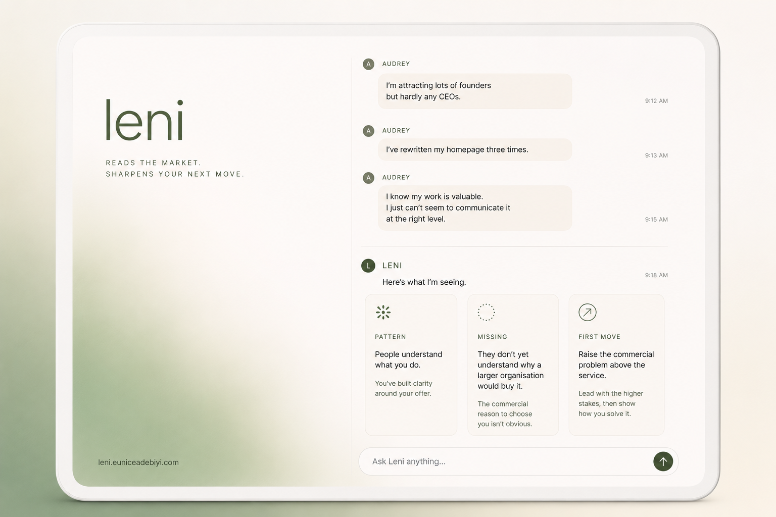 Leni commercial positioning assistant dashboard